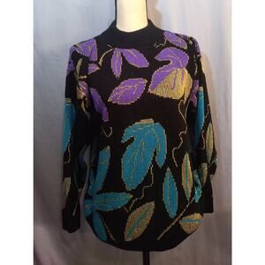 Vintage 90s Knit Sweater With Floral and Leaf Print